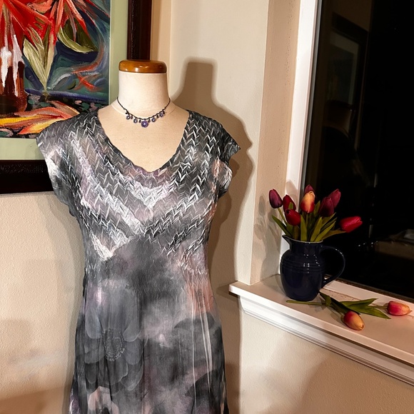 Komarov Dress & Eileen Fischer Silk Jacket Set - 50 Shades of Gray/ Blue/ Pink - Picture 5 of 14